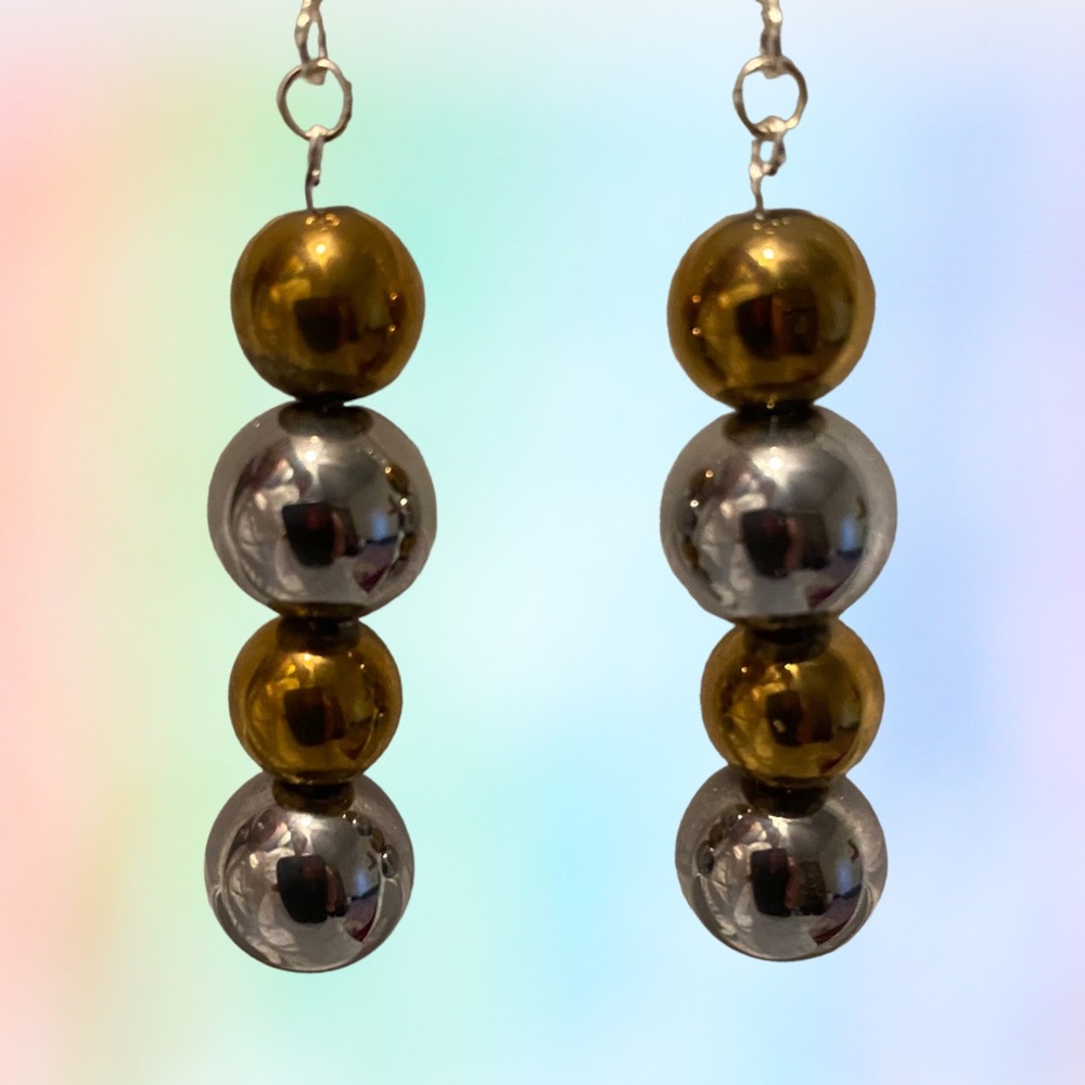 Hand Crafted Earrings Gold & Silver Mirror Ball Dangle Glass Party Pierced - Picture 2 of 9